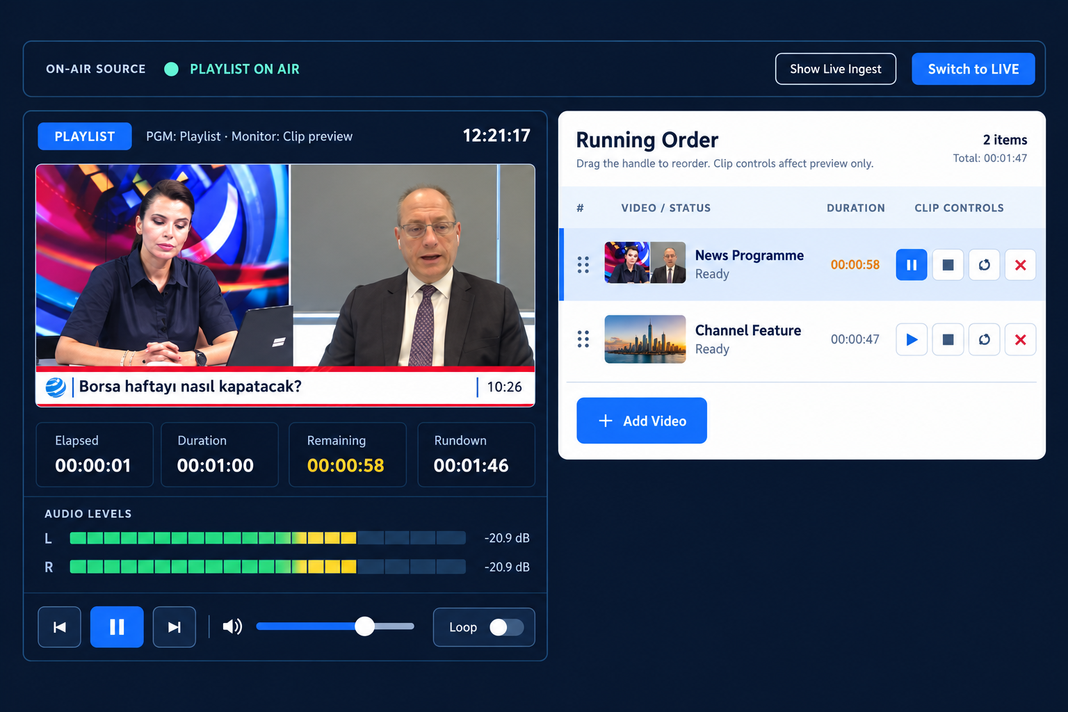 BeStream Cloud Playout interface with on-air source control, clip preview, running order, duration counters, stereo audio meters and playlist loop controls