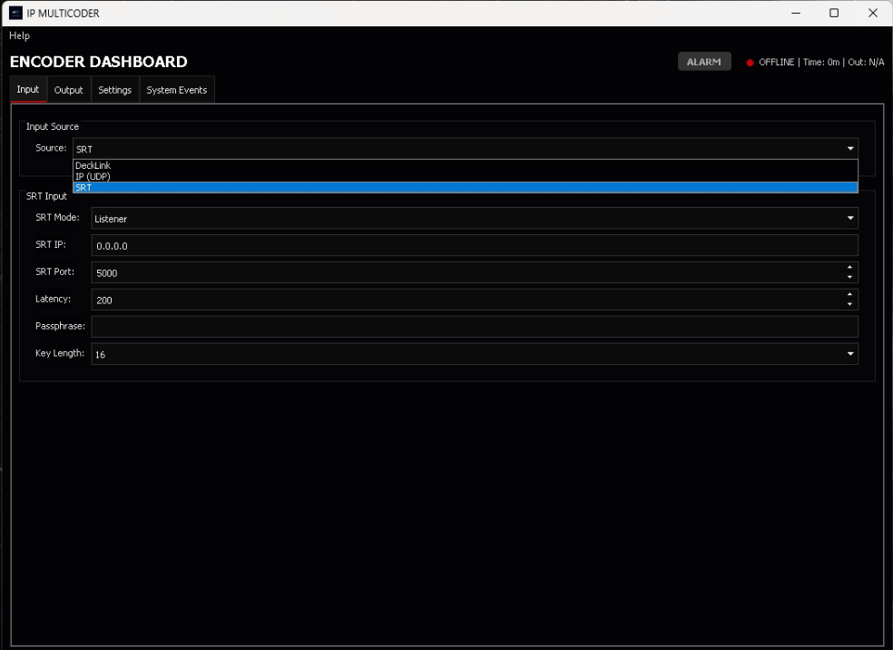IP Multicoder SRT RTMP encoder settings dashboard